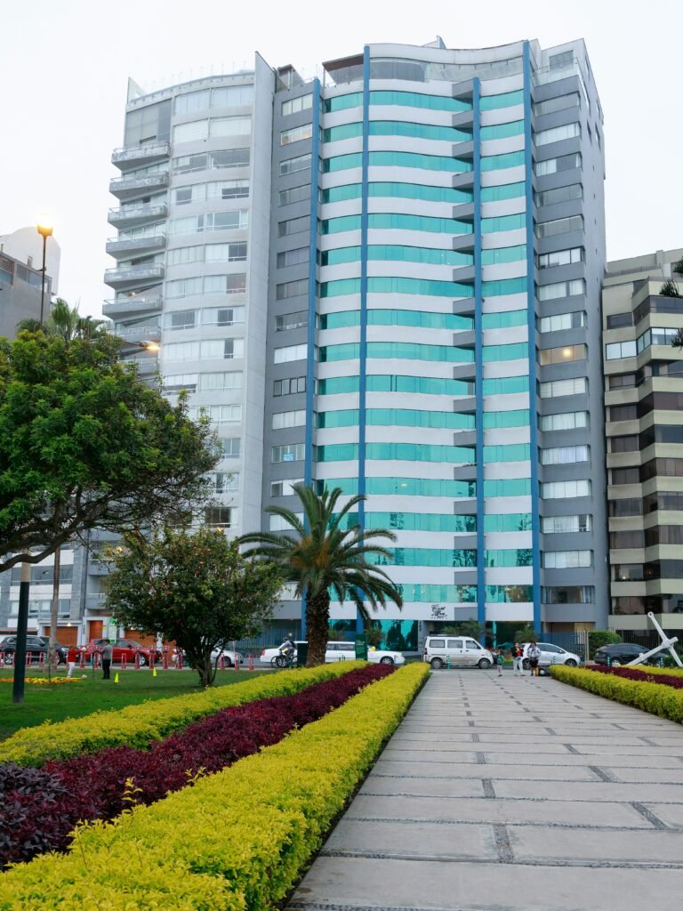 Modern high-rise residential building with balconies