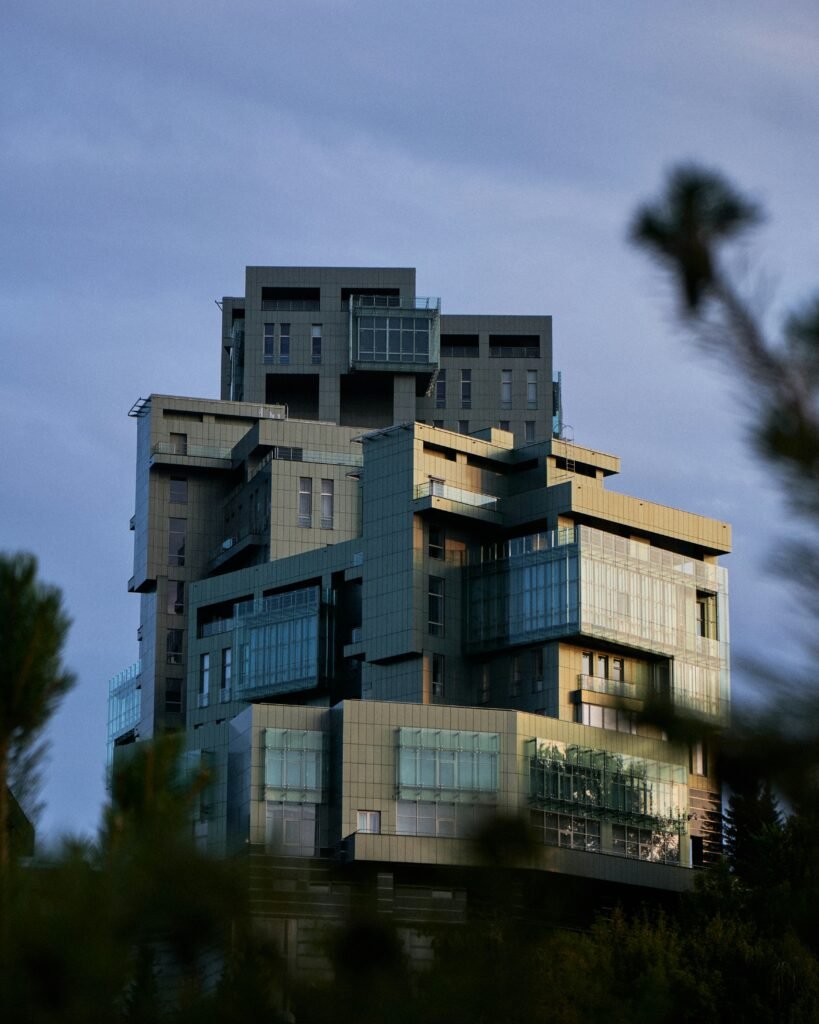 Modern architectural building with angular design against the sky