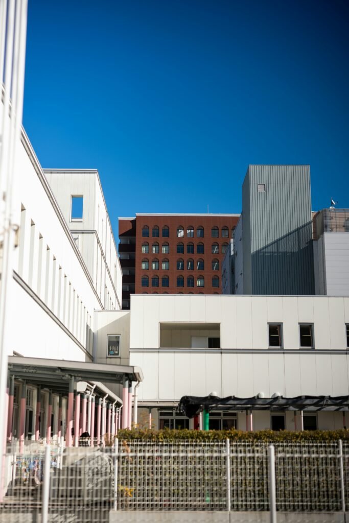 Modern buildings under a clear blue sky